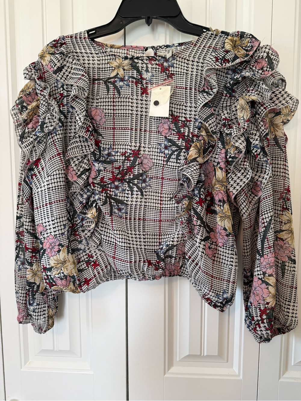 Truth Plaid Houndstooth Floral Ruffle Blouse in Black, Pink & Yellow